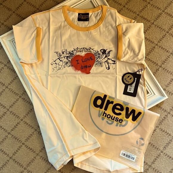 drewhouse Cream and yellow short sleeve ringer T-shirt w 2 cherubs, heart NWT L - Picture 1 of 10